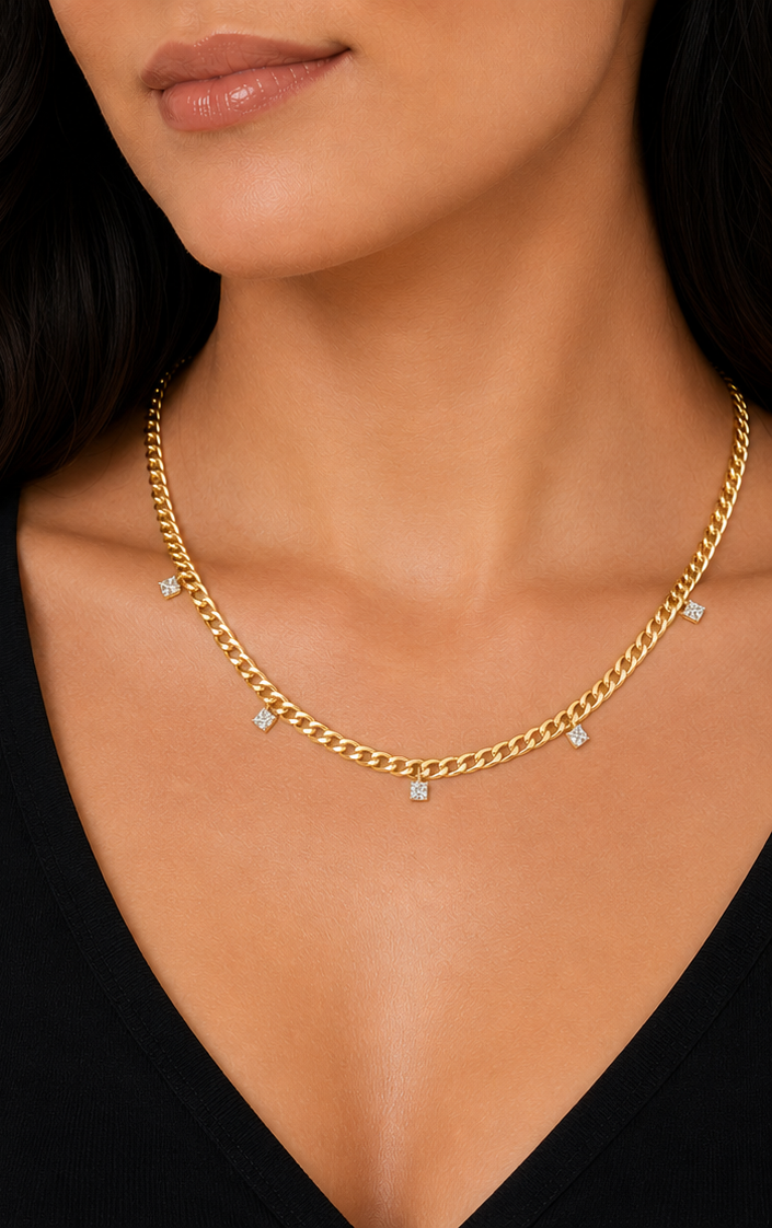 Women's Gold Over Solid Sterling Silver Natural Diamond Cuban Necklace